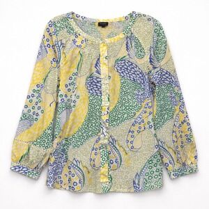 Talbots Plus Womens Size X Paisley Floral Cotton Smocked Button Front Blouse